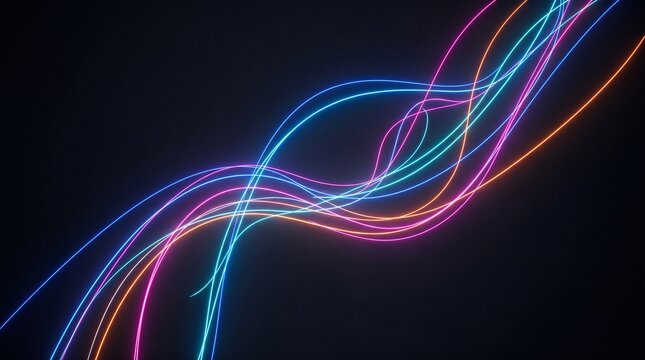 Glowing Neon Light Trails on Dark Background with Blue Pink and Orange Hues. Futuristic Abstract Design with Vibrant Flowing Lines