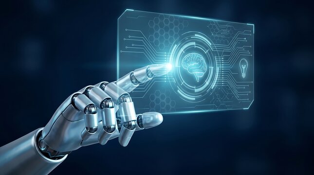 Advanced mechanical robotic hand interacting with a floating digital glass panel featuring a glowing brain and lightbulb icon representing creative artificial intelligence and innovation