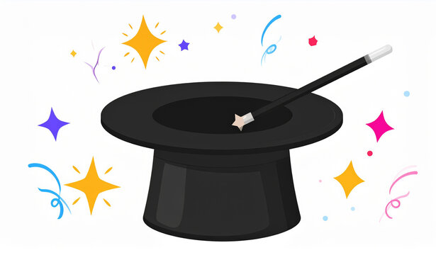 Classic Magician Black Top Hat with Sparkles and Magic Wand Vector Illustration for Illusionist Theatre Branding, Circus Shows, and Entertainment Posters