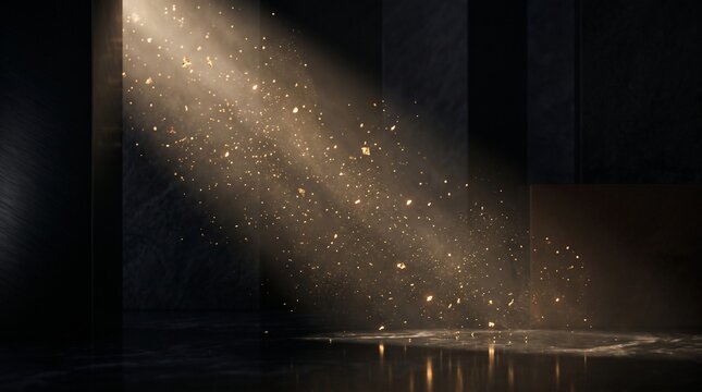 Golden Dust Particles Floating in a Beam of Light. Dark Background with Glowing Particles and Light Rays. and Sparkle