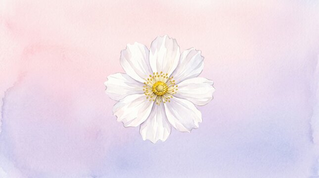 White Flower with Yellow Center Floating on Pastel Gradient Background. Watercolor Floral Illustration Design and Art