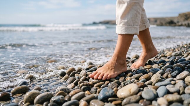 Bare Feet Stepping on Smooth Pebbles at the Beach Shoreline. Coastal Relaxation, Summer Vacation, Nature Walk, Seaside Escape
