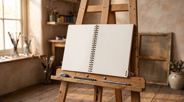 Sketch Pad on Wooden Easel in Art Studio with Natural Light. Blank Notebook, Drawing Tools, Creative Workspace, Vintage Design