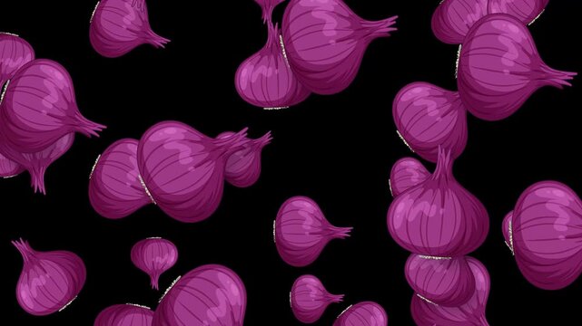 Animated Red Onions Falling Downwards Against a Solid Black Background