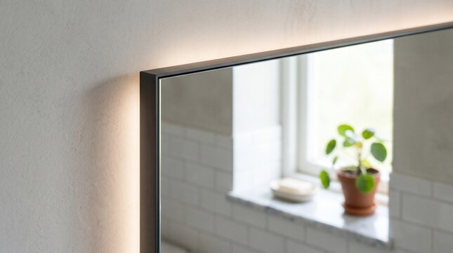 Smart Mirror with Integrated Led Lighting in Modern Bathroom Corner. Minimalist Design, Reflective Surface, Ambient Glow, Contempo