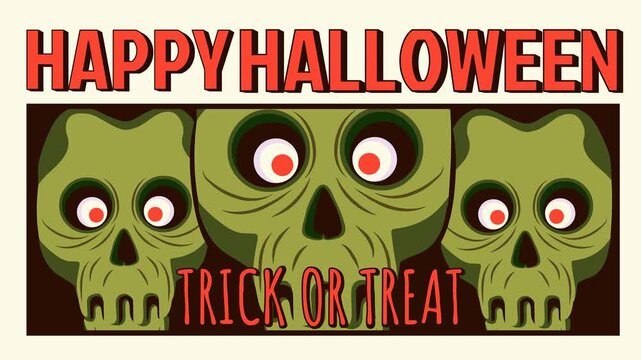 4K retro comic Halloween animation loop featuring three green monster skulls with red eyes, bold red Happy Halloween text, and cream frame. Ideal for promos and digital displays.