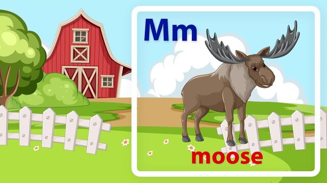 Educational Alphabet Animation for Letter M with Cartoon Moose and Farm Background