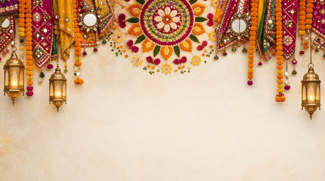 Traditional Navratri Floral Rangoli Hanging Toran Mirror Work Background for Garba Festival