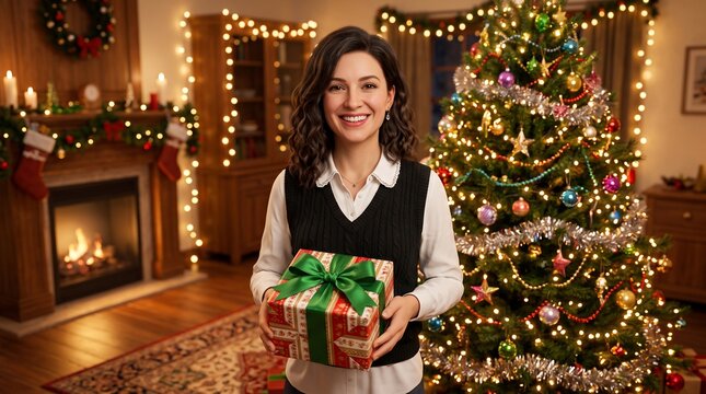 Woman Holding Gift Box in Christmas Decorated Living Room with Tree and Fireplace. Holiday Celebration, Festive, Warm, Cozy, Indoo