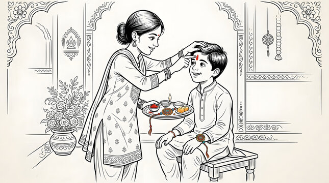 Indian sister applying tilak on her brother forehead during Raksha Bandhan festival celebration