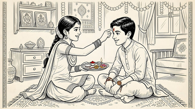 Indian sister applying tilak on her brother forehead during Raksha Bandhan festival celebration