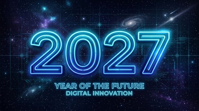 2027 Glowing Neon Typography with Futuristic Digital Innovation Text. Sci-Fi Year Concept Design and Space and Stars