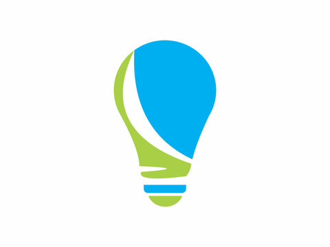 Abstract blue lightbulb and human figure logo design, representing bright ideas, innovation, creativity, and business success.