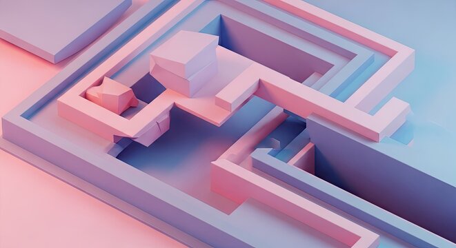 Abstract 3D isometric maze structure in pastel colors
