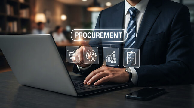 Businessman working on laptop with digital procurement system interface