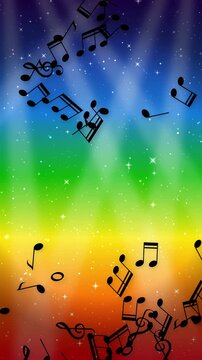 Vertical Rainbow Stage Background with Floating Musical Notes and Glitter Sparkles