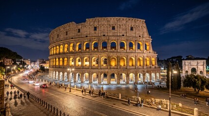 Naklejka premium Illuminated ancient Colosseum at night with dramatic lighting and historic architecture in Rome