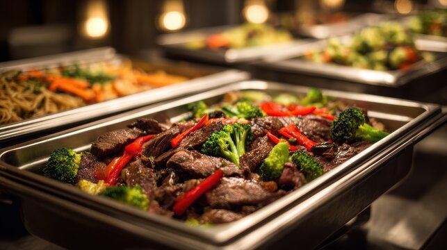 Fresh beef and broccoli stir fry in a buffet chafing dish. Catering concept for corporate events and hotel dining.
