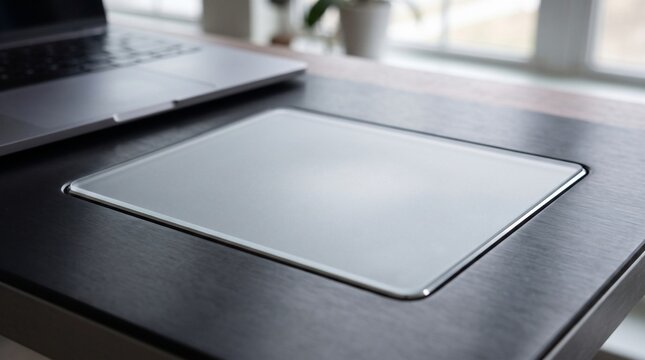 Modern Trackpad Integrated Into Dark Wooden Desk Surface. Sleek Minimalist Workspace Design with Laptop and Natural Light