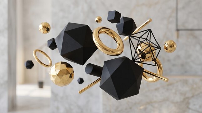 Geometric Shapes Floating in Space with Black and Gold Metallic Forms. Modern Abstract Design with Geometric Elements and Luxury T