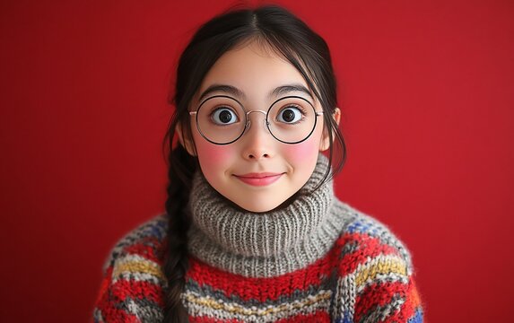 A young girl with big eyes and a surprised expression, wearing round glasses and a colorful sweater, standing in front of a red background.