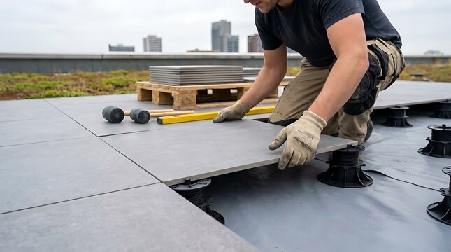 Handyman positioning large format gray tile onto adjustable pedestal risers for building leveled exterior deck patio flooring solution on modern urban rooftop.