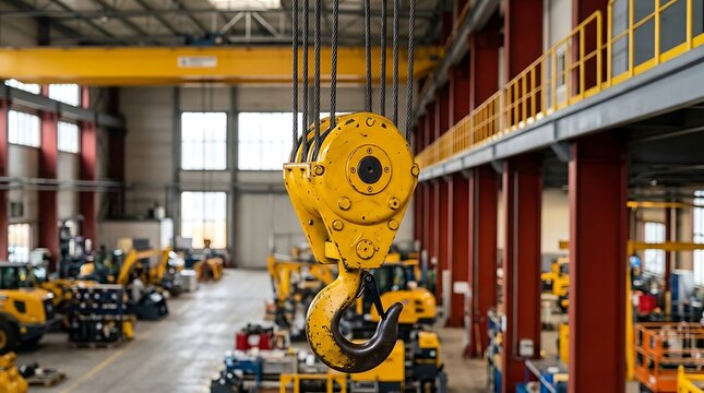 Industrial yellow crane block with heavy steel hook hanging in warehouse facility for lifting heavy equipment and materials during manufacturing production tasks.