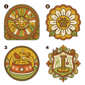 Set of four retro style cat themed vector illustrations with disco ball flower paw print and scratching post.