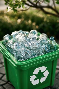 A green recycling bin filled with empty plastic bottles stands outdoors for environmental conservation. Eco-friendly.