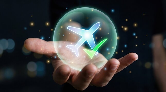 Digital global business online travel planning vacation booking concept with airplane and check mark icon glowing in hand