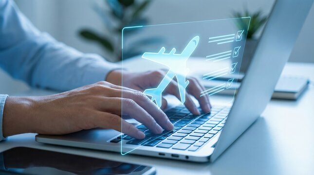 Digital global business online travel planning vacation booking concept with hands typing on laptop keyboard and airplane hologram