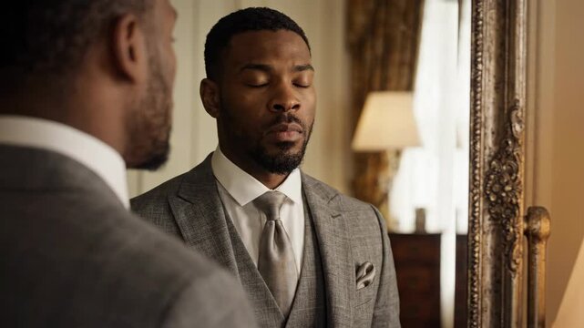 Elegant Black man in a grey suit looking at his reflection in an ornate mirror.