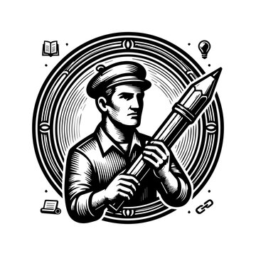Vintage style illustration of a man holding a large pencil inside a circular frame.