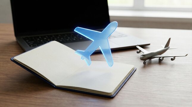 Digital global business travel planning with online vacation booking concept showing airplane model and notebook on desk