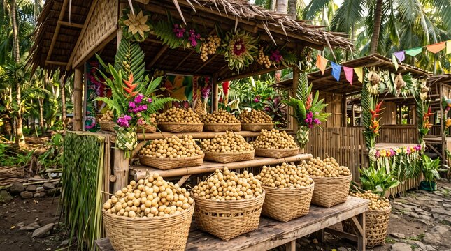 Lanzones Festival Tropical Fruit Market with Fresh Harvest and Filipino Bamboo Baskets