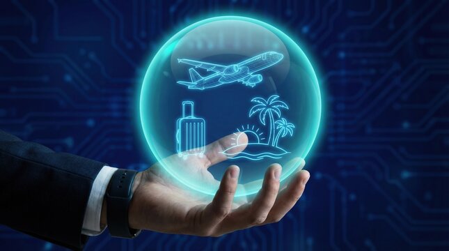Digital global business online travel planning vacation booking concept with hologram of airplane palm tree and suitcase in hand