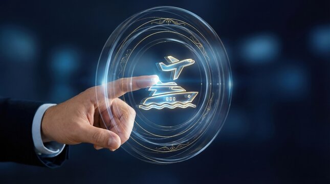 Digital global business online travel planning vacation booking concept with hand pointing on virtual screen with airplane and ship icons