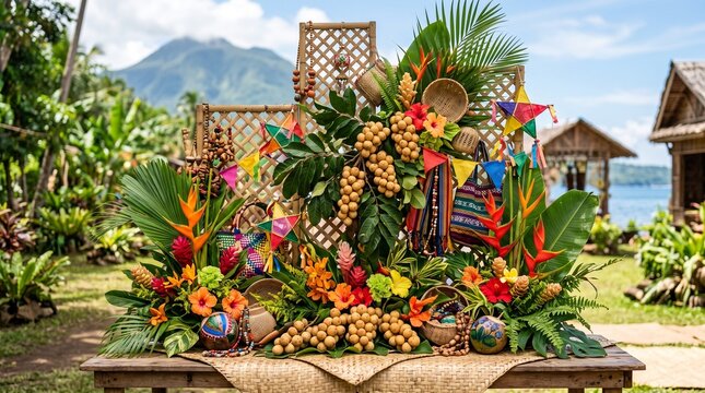 Lanzones Festival Traditional Filipino Decoration with Tropical Fruit and Colorful Ornaments