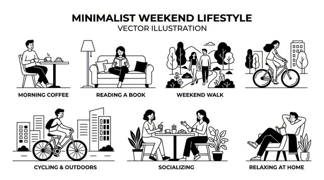 Weekend leisure activities and minimalist lifestyle vector illustration set
