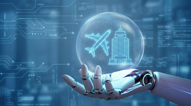 Digital global business online travel planning vacation booking concept with robot hand holding hologram airplane and building