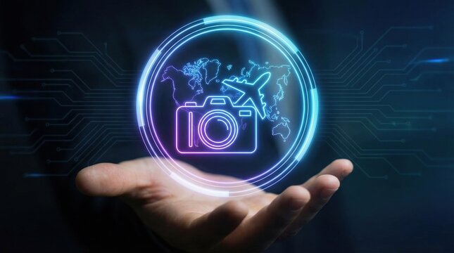 Digital global business online travel planning vacation booking concept with hand holding camera and airplane icons