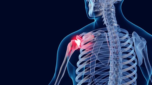 Back View of Human Shoulder Joint and Bones with Inflammation. Shoulder Joint Pain Concept. Articular Pain, Anatomy, Osteology, Pathology, Rheumatism, Medical and Healthcare. 4K 3D Video Animation