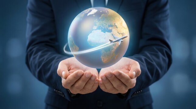 Digital global business concept with online travel planning and vacation booking shown by airplane flying around earth globe in hands