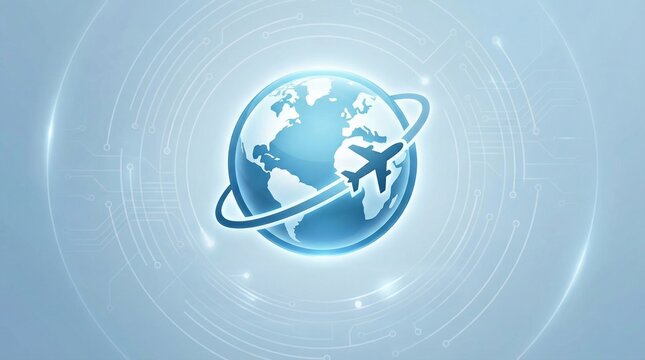 Digital global business online travel planning vacation booking concept with airplane circling earth globe in blue background