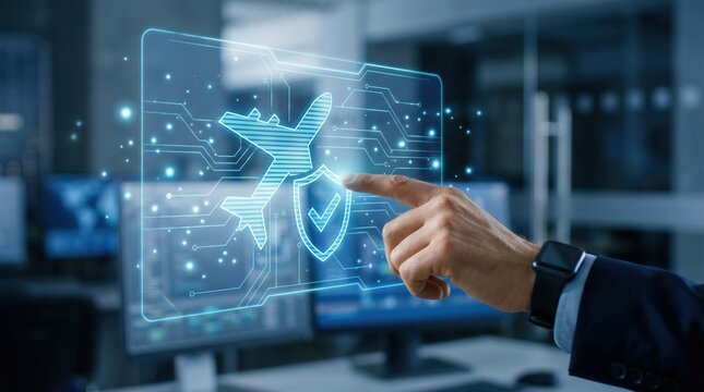 Digital travel planning for global business vacation with futuristic technology and secure flight booking interface on transparent screen