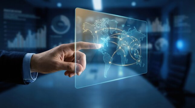 Digital global business travel planning online vacation booking concept with hand pointing at virtual world map and airplane icon