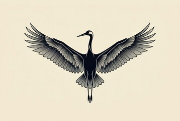 Obraz premium Elegant Stylized Crane Illustration with Spread Wings in Woodcut Style, Minimalist Bird Vector Art for Design Projects