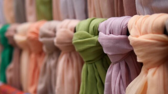 Fabric scarves hang in rows at a market
