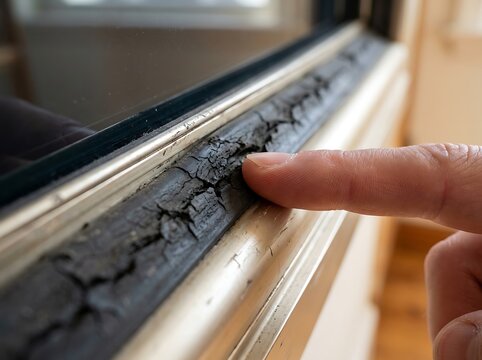 Close up of finger touching cracked and weathered black rubber sealant on old window frame, showing material degradation and need for repair and maintenance.