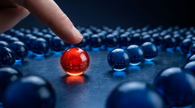 One red marble standing out among many blue spheres being touched by a finger to represent leadership and uniqueness in business strategy or creative thinking concepts.